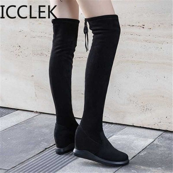 

winter women boots fashion over the knee warm boots lace-up internal increase long high heels pointed botas mujer a048, Black