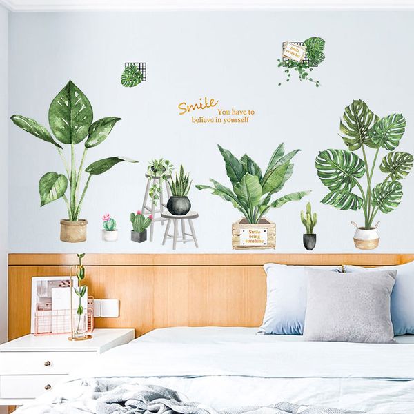 

creative large green leaf wall stickers fresh potted plants home decor for bedroom europe room decor smile wallpaper