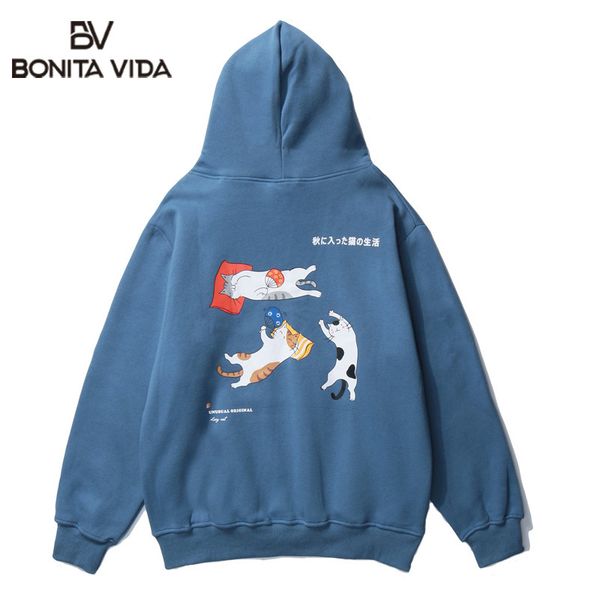 

bonita vida harajuku funny sleepy cats print mens fleece hoodies hooded sweatshirts streetwear 2020 hip hop casual, Black