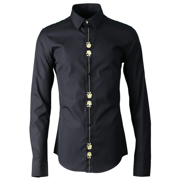 

men's dress shirts luxury embroidery shirt men long sleeve turn-down collar slim casual business male plus size 4xl cotton for man, White;black