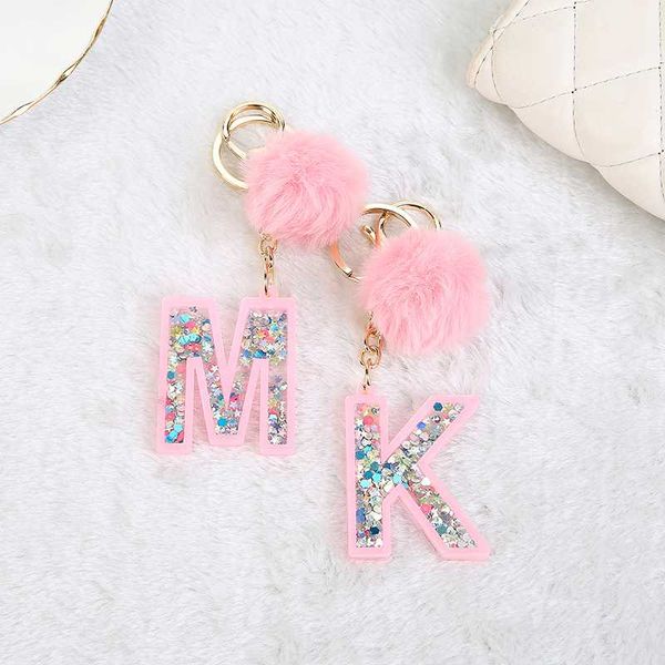 

1pc women keychains 26 glitter hollowed-out words handbag english letter keyring with puffer ball charms, Silver