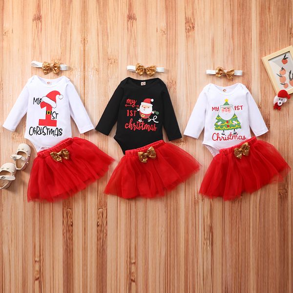 

xmas baby wear clothing set long sleeve romper bow skirt headband 3 pcs fashion infant girl my 1st christmas santa baby outfit clothes, White