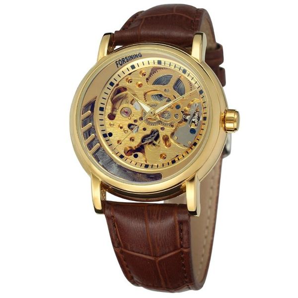 

wristwatches forsining men mechanical automatic skeleton men's watches clocks business causal leather band watch gifts dropship, Slivery;brown