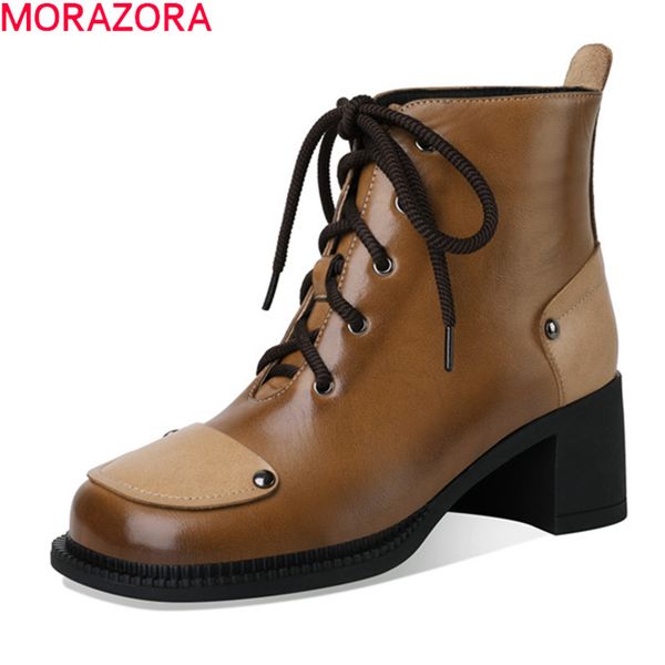 

morazora genuine leather boots thick high heels square toe ladies shoes autumn winter lace up mixed colors ankle boots, Black