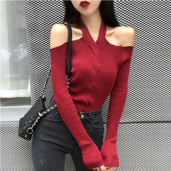 

women halter slash neck knitted off-shoulder sweater pullover girls knitting stretchy sweaters pullovers female dx6722, White;black