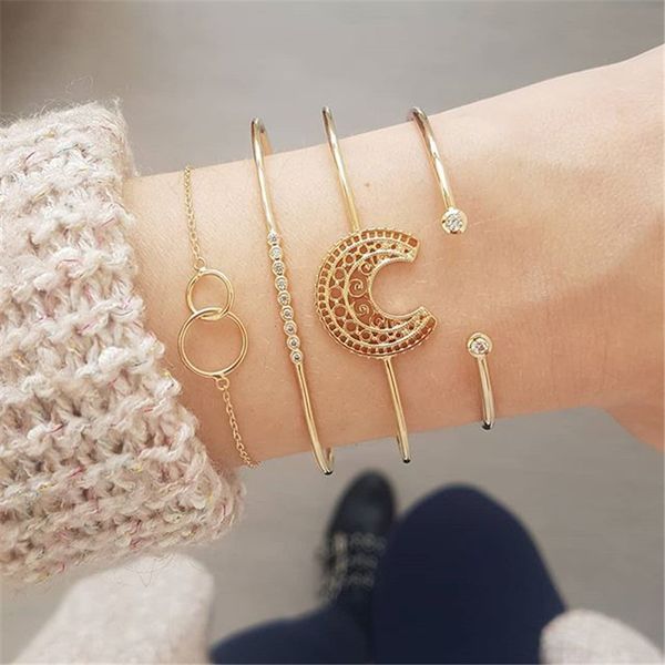 

crystal star moon bangle set multi-layer love heart opening bracelet, Black