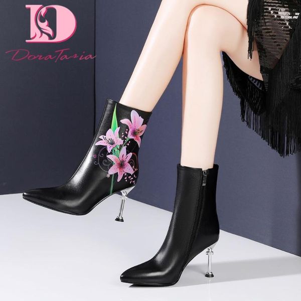 

doratasia new fashion female genuine leather boots print pointed toe thigh high heels boots women 2020 office lady woman shoes, Black