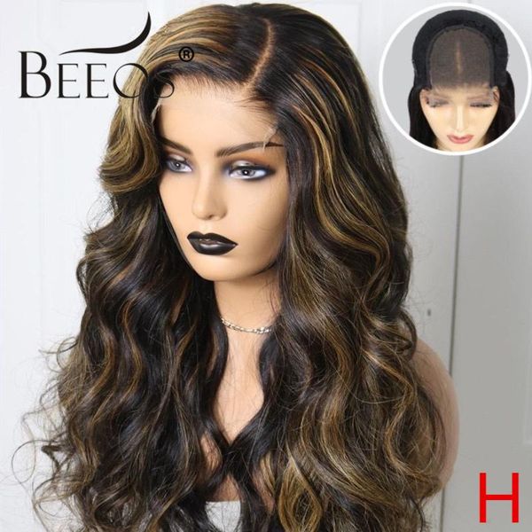 

beeos 180% 4*4 lace closure human body wave hair wig highlight color brazilian remy hair pre plucked hairline bleached knots, Black;brown