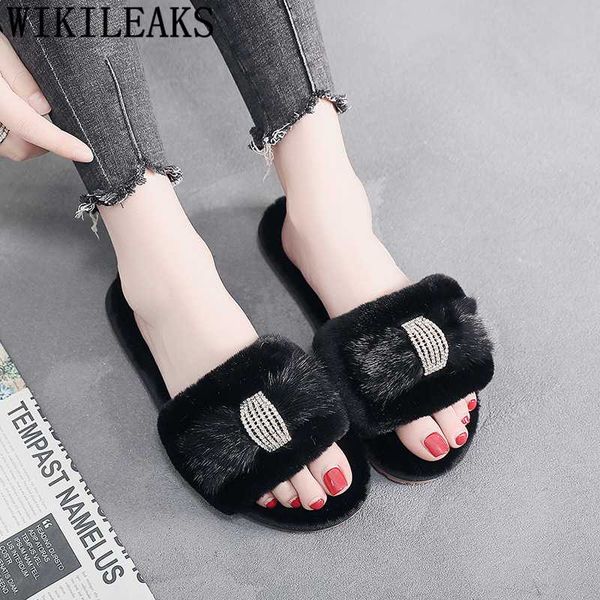 

slippers dames woman house women shoes bedroom rhinestone fur slides winter flat for, Black