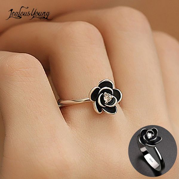 

cluster rings personality vintage flower women party black gun inlay zirconia crystal engagement ring jewelry accessories gift, Golden;silver