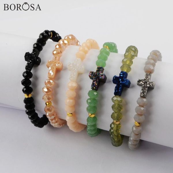 

borosa handmade bracelet, 5pcs cross titanium rainbow druzy bead with 6mm glass beads bracelet jewelry for wholesale g1893, Black
