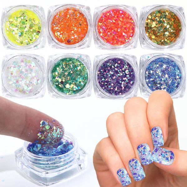 

8 box nail glitter powder dust mixed hexagon shape diy flakes 3d shining paillette tips nail art manicure decorations sa1506-04, Silver;gold