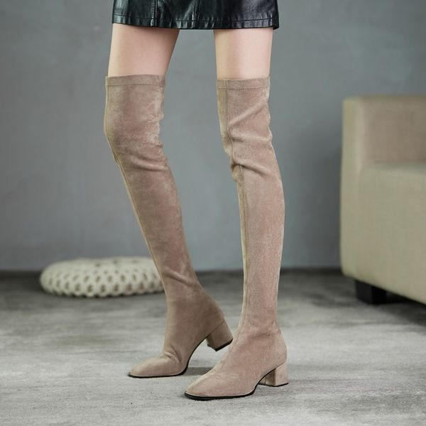 

boots 2021 winter shoes thigh high for plus size women stretch velvet blcok heels 5cm height over the knee long 9, Black