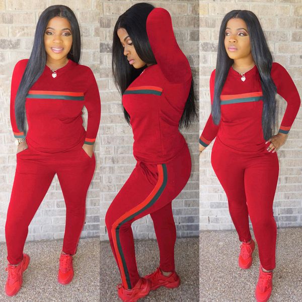 

women two pieces set fashion women tracksuits with red green strip print comfortable suits for autumn winter 6 colors size s-3xl, White