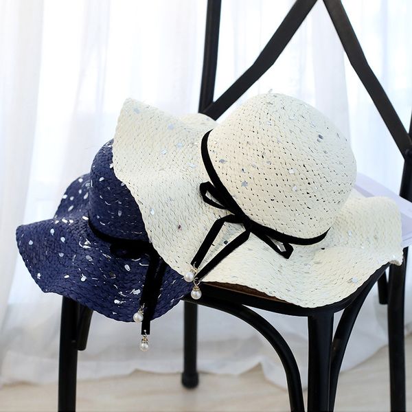 

wide brim hats korean will along paillette straw hat parenting lotus leaf edge sun tide xia xinkuan ma'am sandy beach summer you, Blue;gray