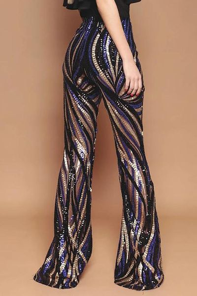 

fashion women black & cobalt sequin trousers long wide legs pants multicolour curved lines mesh patchwork fit sweatpants streetwear, Black;white