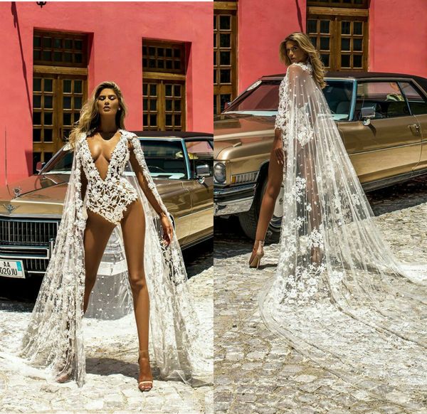 

short jumpsuit 2021 beach boho wedding dresses with cape lace appliqued bridal outfit summer v neck wedding gowns, White