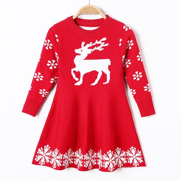 

baby girl autumn and winter knitted sweater dress girl cute deer print thick warm casual sweater dress baby skirt, Red;yellow
