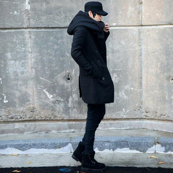 

yuhuicuo men's wool & blends casual mens down parka hooded outwear cotton jacket men coats thicken warm winter windproof jackets, Black