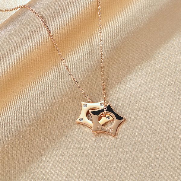 

double star pendant necklace women stainless steel necklaces zircon letter love simple rose gold chains choker jewelry girl gift, Silver
