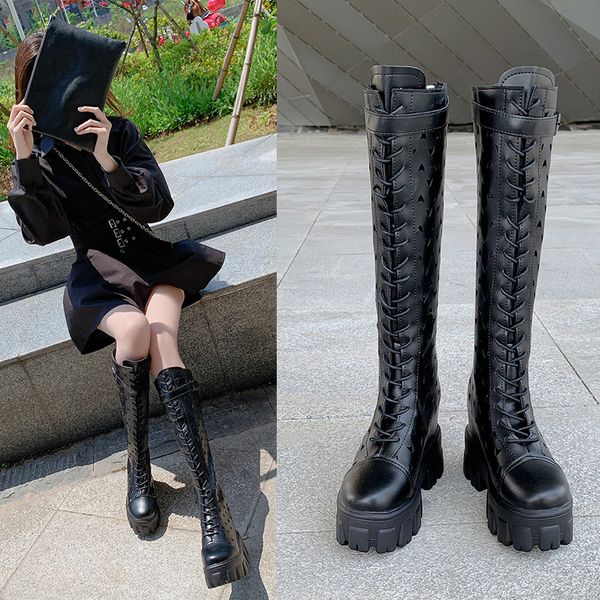 

shoes zipper fashion boots woman flat heel summer booties thigh high heels high boots-women punk wedge, Black
