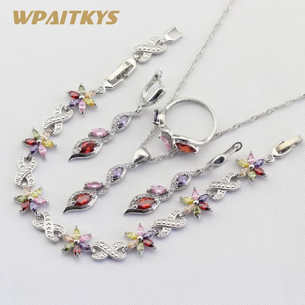 

multicolor cubic zirconia silver color jewelry sets for women necklace pendant earrings ring bracelet gift box wpaitkys