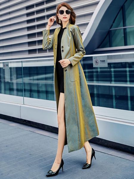 

high grade magic green long women trench coat 2020 new spring single breasted ladies windbreaker fashion stand collar overcoat, Tan;black
