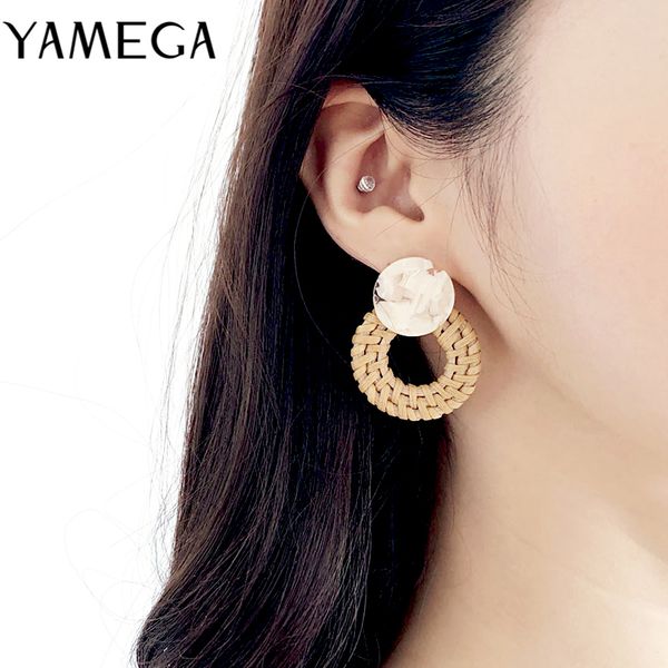 

yamega hand made korean rattan earrings unique boho wooden geometric acrylic statement drop earrings fashion jewelry for women, Silver