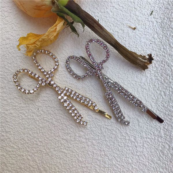 

aomu new fashion design handmade rhinestone scissors shape hairpin shiny trend crystal cross hair claw for women girl gifts, Golden;white