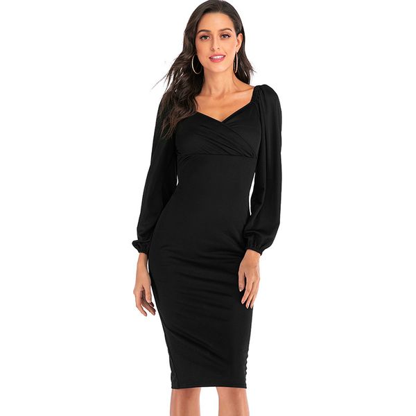 

casual dresses black skinny v neck wrap dress women spring autumn long lantern sleeves backless work causal slim midi, Black;gray