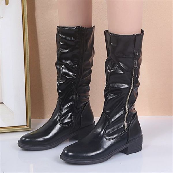 

2020 women winter mid-calf boots fashion pu leather boots zipper warm mid-calf for women shoes mid heel botas mujer, Black
