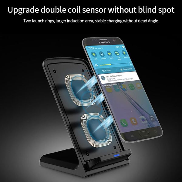 

vertical mobile phone holder desk wireless mobile phone charger 5w/10w fast wireless dual coil charger office charge station