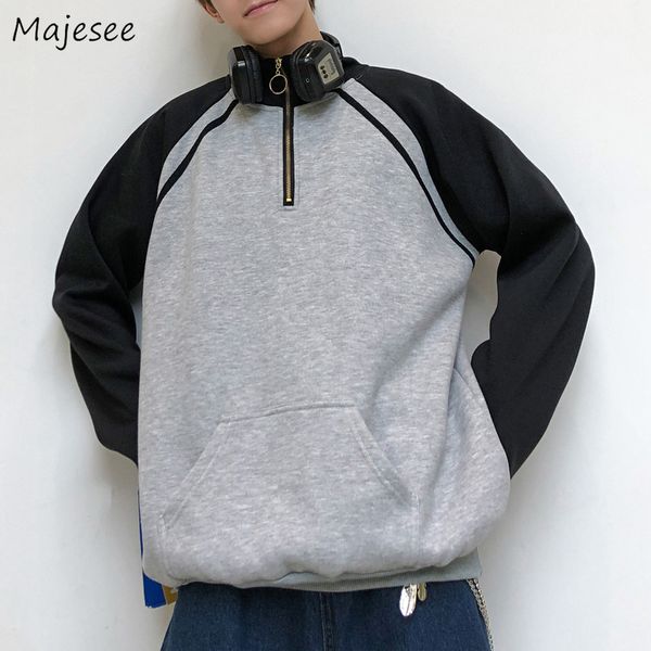 

men's hooded sweatshirt with thick zipper retro long sleeve casual mens hoodies harajuku winter clothes korean fashion patchwork, Black