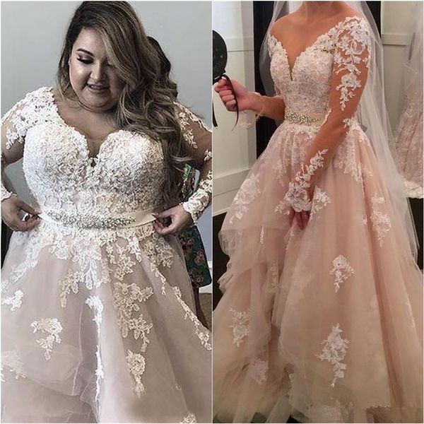 

champagne plus size wedding dresses a line v neck long sleeves vintage beaded sashes wedding gowns with white lace appliques