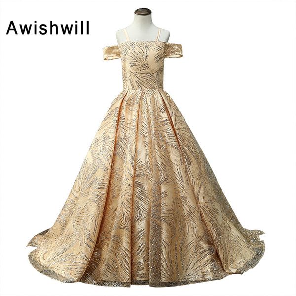 

2020 gold color princess flower girl dresses for wedding ball gown first communion dresses for girls off shoulder pageant gowns, Red;yellow