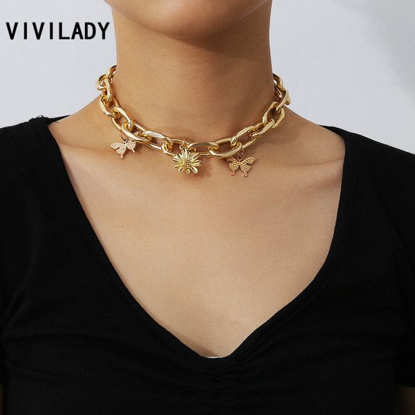 

chokers vivilady minimalist punk wide chain chic alloy butterfly flower pendant women choker necklace for female party jewelry bijoux, Golden;silver