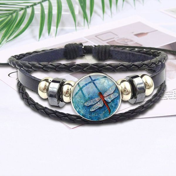 

charm bracelets cute dragonfly for valentine's day gift jewelry with glass cabochon black leather bracelet bangle, Golden;silver