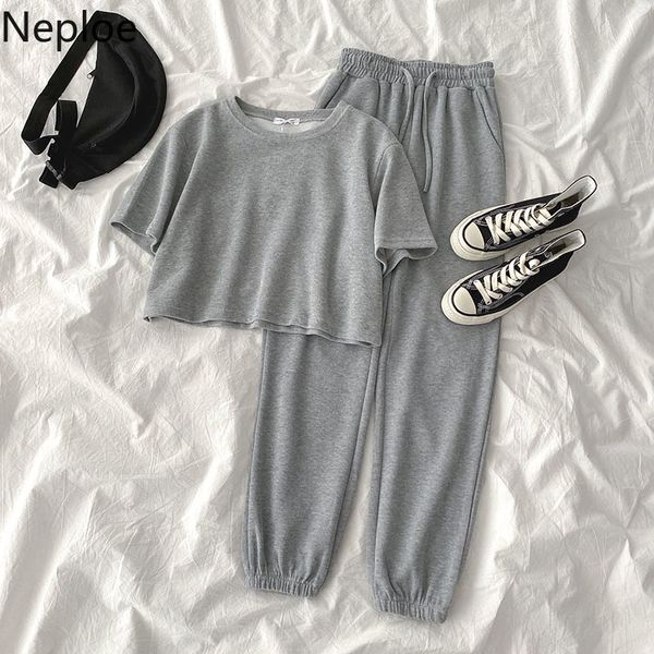 

neploe women two piece outfits sweatsuit short sleev eo-neck + lace up stretch high waist harem long pants korean set 4b826, Gray
