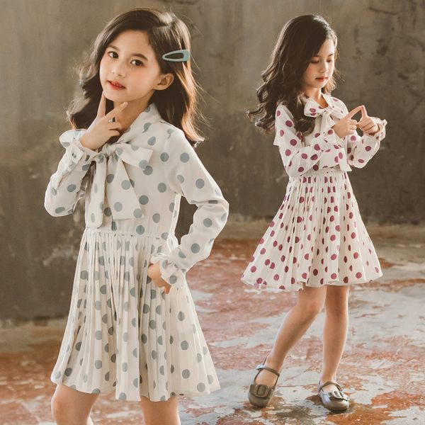 

girls chiffon bow dress children's college long sleeve polka dot princess dresses 10 to 12 years party birthday kids gift, Red;yellow