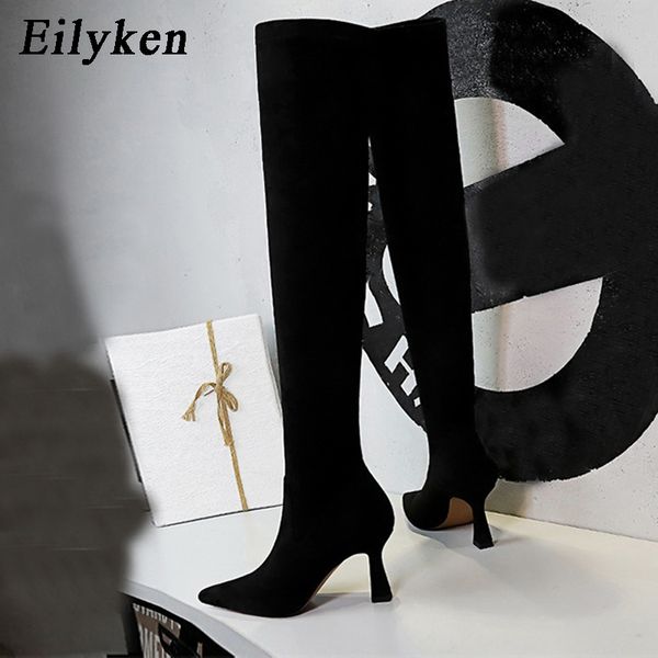 

eilyken winter new thigh high boots female long sock warm boots high-heeled pointed toe over the knee women's shoes size 34-40, Black