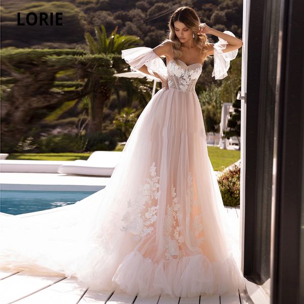 

lorie pink wedding dresses off the shoulder ruffles sleeve lace appliques bridal gown beach wedding gown cathedral/royal train, Blue;red