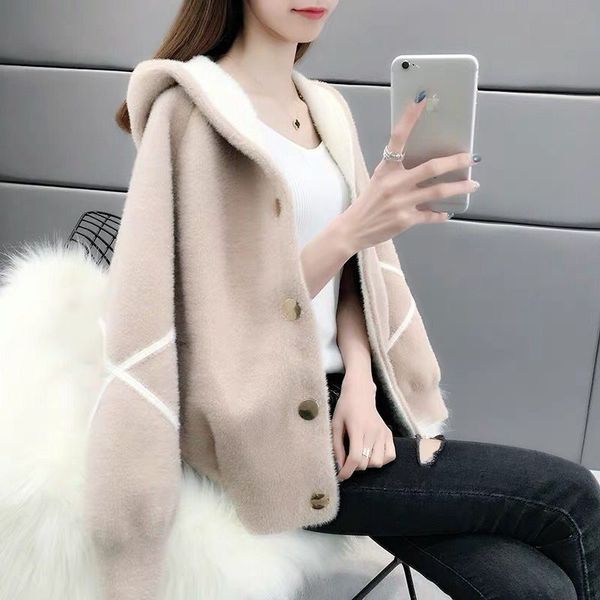

women's fur & faux 2021 jacket with cap students loose autumn and winter water velvet knit cardigan thick warm, Black