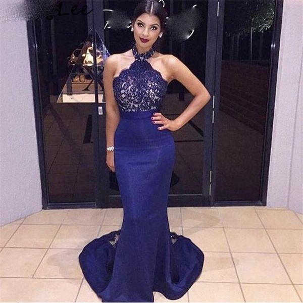 

setwell halter mermaid evening dresses sleeveless lace appliques floor length sweep train long prom party gowns, Black;red