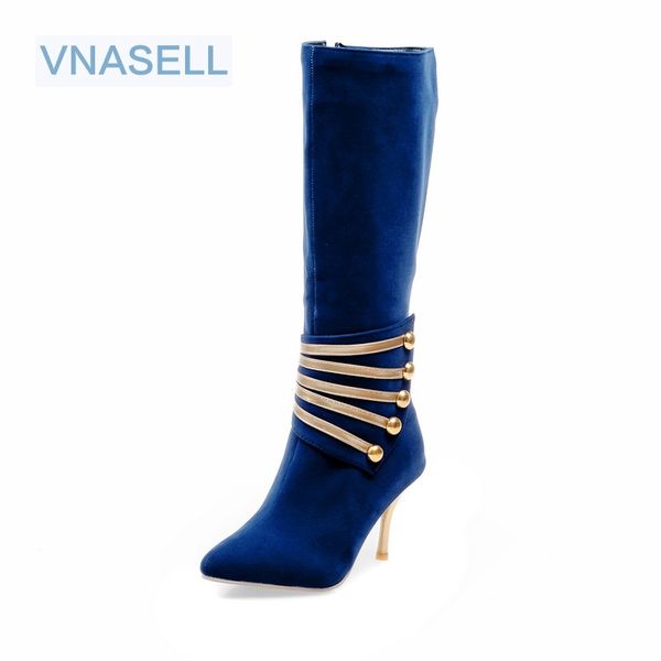 

vnasell fashion winter women shoes pointed toe red high heels mixed colors flock knee high boots size 32 33 40-45, Black