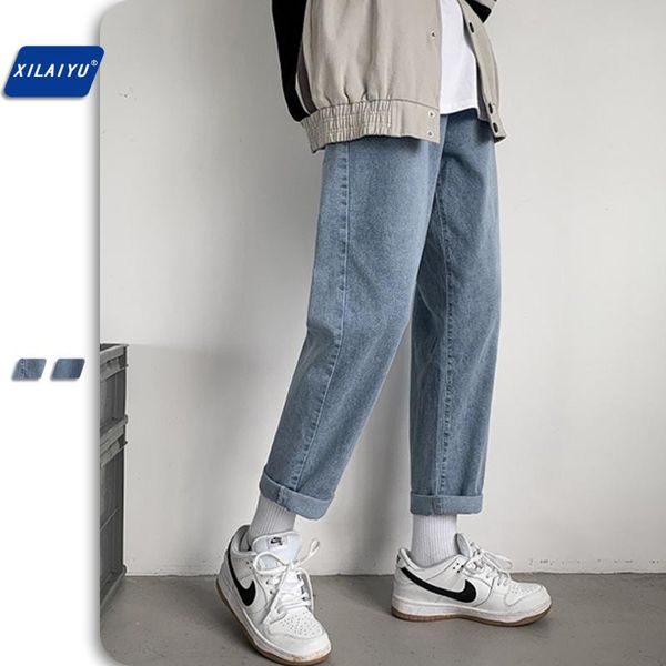 

men's jeans xilaiyu retro elastic rope spring/autumn trend straight tube streetwear loose casual student wide leg denim trousers, Blue