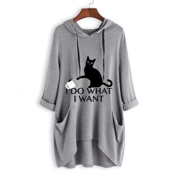 

2020 new coming women hoodies print cat letter hooded long sleeve roll up pockets irregular sweatshirts lady oversized, Black