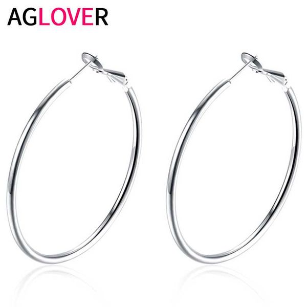 

aglover 42mm 925 sterling silver simple smooth round hoop earrings for women's fashion charm wedding jewelry gifts, Golden;silver