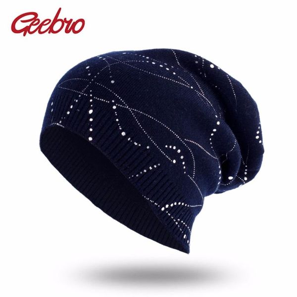 

geebro brand women's rhinestones cashmere beanies hat casual spring wool knitted hats ladies geometric pattern beanie cap dq419, Blue;gray