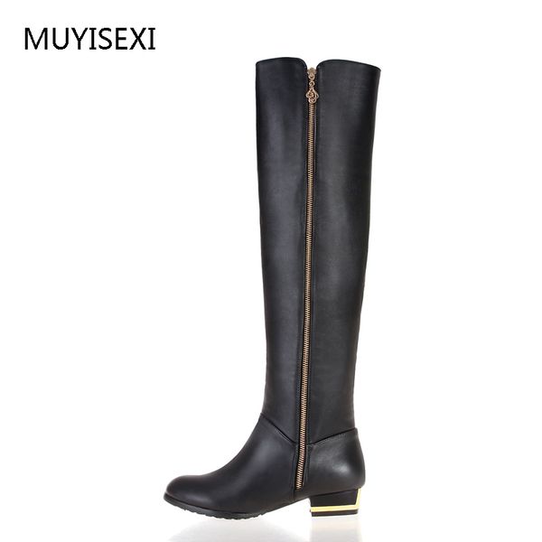 

fashion knee high boots black genuine leather+pu chunky heel women winter shoes women boots zipper plus size 34-43 bh03 muyisexi