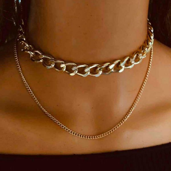 

duftgold new exaggerated crude double layer chains necklaces geometric fashion choker necklace for women jewelry schmuck gold, Silver
